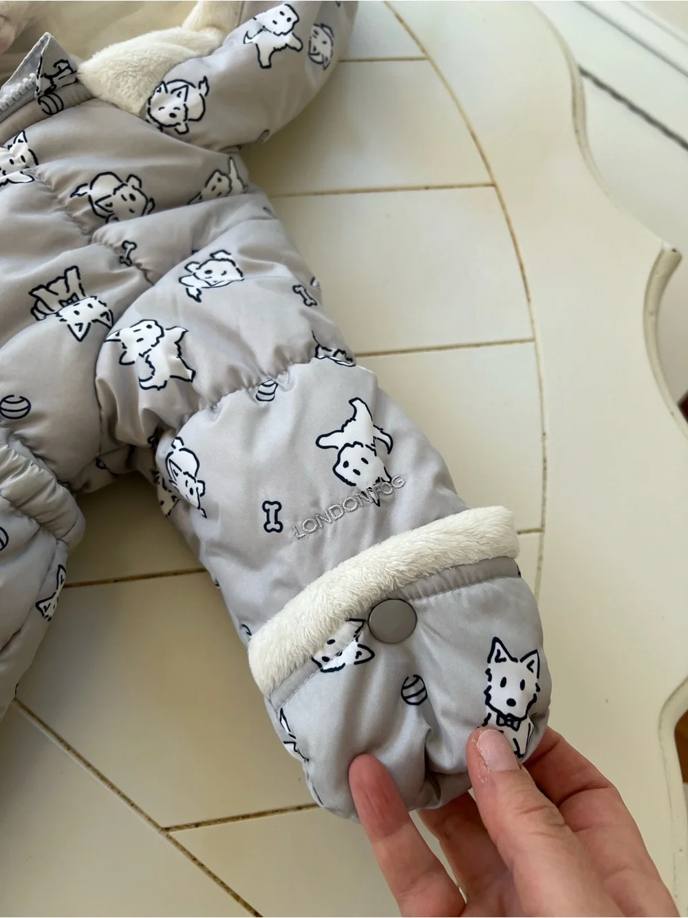 London Fog Grey Westie Puppy Print Puffer coat and Sack with Hood